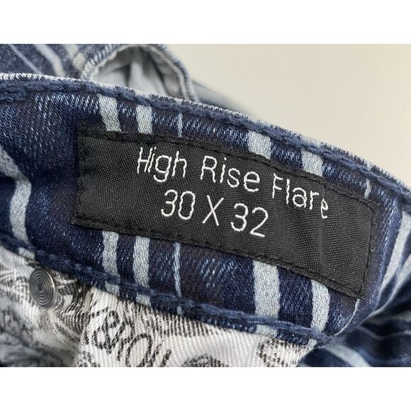 Rock & Roll Jeans 30 x 29 Blue Striped Denim Flared High Rise Red Embroidery - Picture 8 of 13